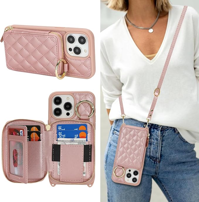 Crossbody Wallet Case for iPhone 14 Pro Max, PU Leather Zipper Handbag Purse Flip Cover, Kickstand Folio Case with Card Slots Holder Wrist Strap Lanyard 5G 6.7 Inch-Rose Gold