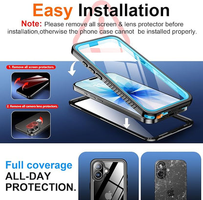 SPIDERCASE for iPhone 17 Case Waterproof, Built-in Lens & Screen Protector, Full Heavy Duty Protection, 12FT Military Shockproof, Dustproof, Anti-Scratched Phone Case,Blue/Clear