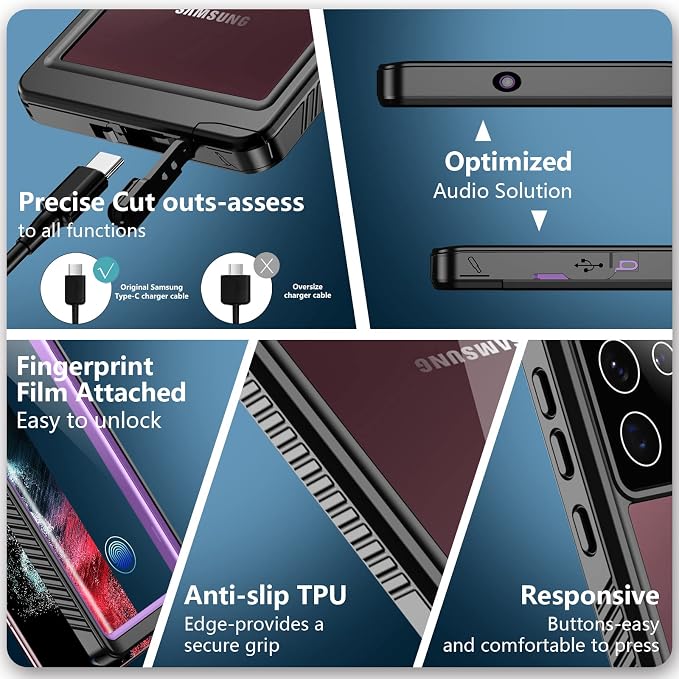 SPIDERCASE Designed for Samsung Galaxy S22 Ultra Case, Waterproof Built-in Screen Protector Full Protection Heavy Duty Shockproof Case, Purple/Clear