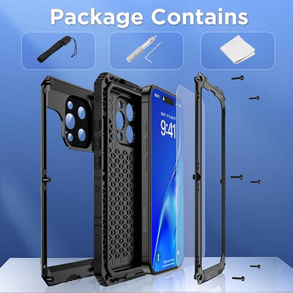 Mitywah Waterproof Case for iPhone 16 Pro Max, Heavy Duty Metal Cover with Built-in Screen Protector, Military Grade Full Body Shockproof Rugged Protective Phone Case 6.9 inch, Black