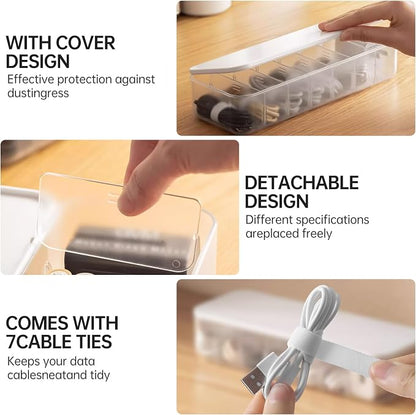 PAVSTINE 2 Pcs Cable Organizer Storage Box with Lid, 14 Wire Ties, White | Adjustable Dividers, Holds Power Cords & Charger, Dust-Proof, Desktop Accessories & Stationery Storage for Home & Office