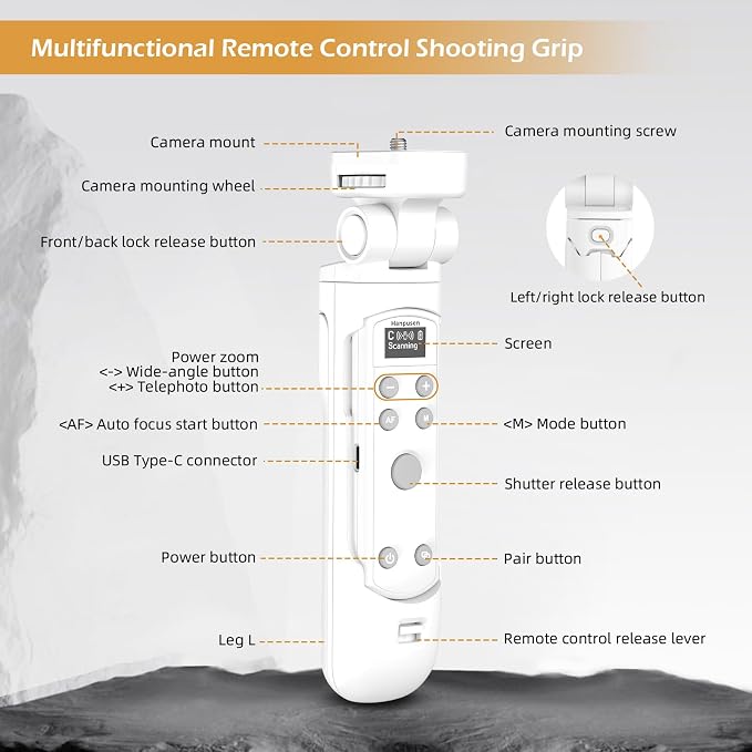 for Canon Tripod Wireless Shooting Grip with Shutter Release - Mini-Tripod with Rechargeable Remote Control for G7 X III/R50/R8/R5/R10/G5 X II/R100/M6 II/M200/M50/R50 V/6D II/SL2, for Vlogging, White