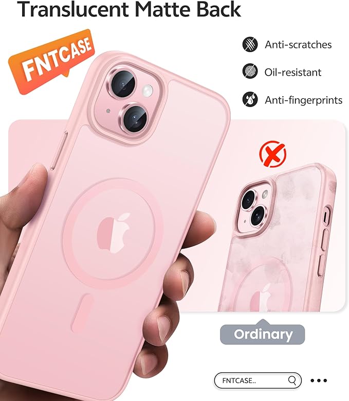 FNTCASE for iPhone 15 Plus Case: for iPhone 14 Plus Case [Compatible with Magsafe] Translucent Matte Cases with [Screen Protector] Military Grade Shockproof Protective Phone Cover - Light Pink