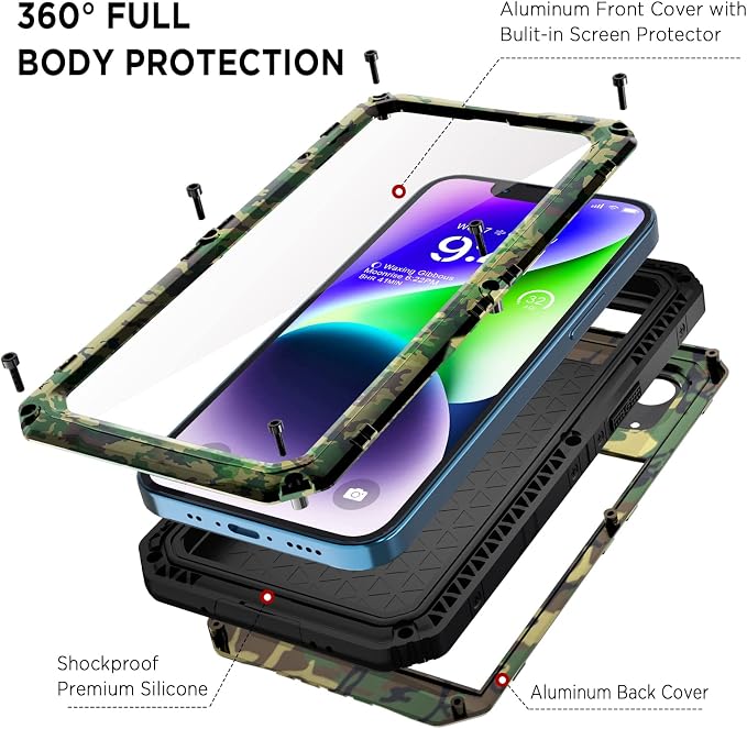 Beasyjoy for iPhone 14 Case Waterproof, Metal Heavy Duty Full Body Protective Case with Built-in Screen Protector, Military Grade Shockproof Dustproof Defender Rugged Cover 6.1 Inch, Camo
