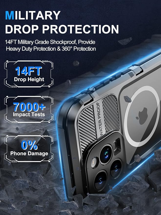 WIFORT for iPhone 14 Pro Waterproof Case - Metal Heavy Duty Full Body Protective Cover Built-in Screen Protector, IP68 Water Proof Military Grade Shockproof Rugged Drop Defender Phone case 6.1" Black
