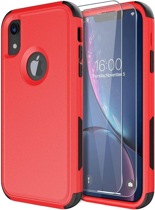 Diverbox Designed for iPhone Xr case with Screen Protector Heavy Duty Shockproof Shock-Resistant Cases for Apple iPhone Xr Phone (Red+Screen Protector)