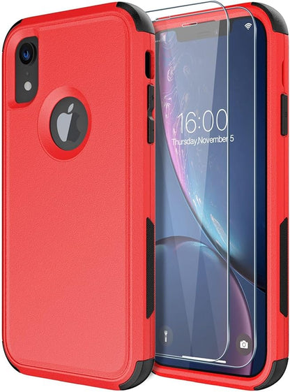 Diverbox Designed for iPhone Xr case with Screen Protector Heavy Duty Shockproof Shock-Resistant Cases for Apple iPhone Xr Phone (Red+Screen Protector)