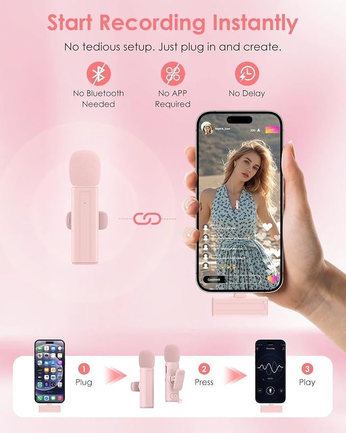Wireless Mini Microphone for iPhone, iPad, Android, 2 Pack Lavalier Mic with 360° Rotatable Clip, Plug and Play Noise Reduction USB-C Mic for Video Recording YouTube TikTok Content Creators, Pink