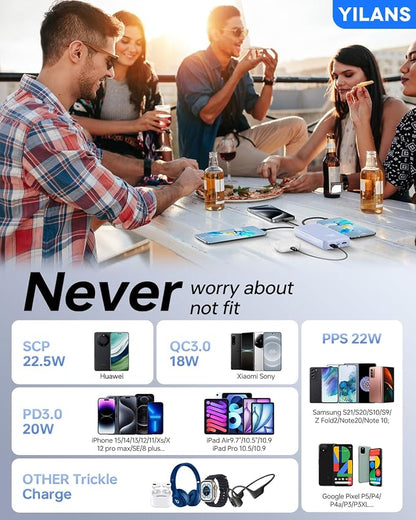 Portable Charger,50000mAh Power Bank Built-in Cable, 22.5W PD USB C In & Out Fast Charging, External Battery Pack with 6 Output & 2 Input, Travel Phone Charger for iPhone 17/16/15/14/13/12(Azure)
