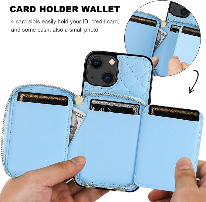 Bocasal Crossbody Wallet Case for iPhone 13, RFID Blocking PU Leather Zipper Handbag Purse Flip Cover, Kickstand Folio Case with Card Slots Holder Wrist Strap Lanyard 5G 6.1 Inch (Blue)