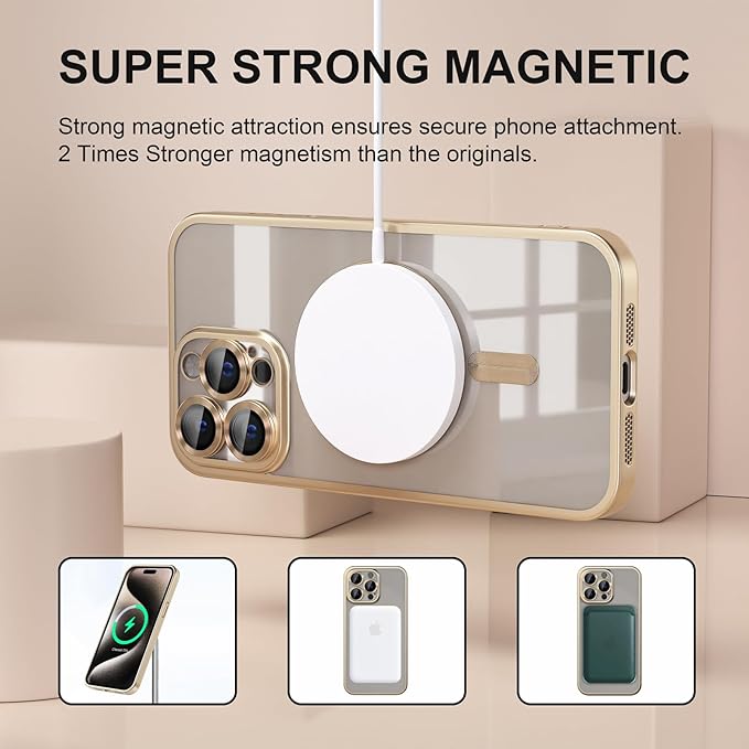 Misea Magnetic for iPhone 15 Pro Max Case [Never Yellowing] [Military Grade Drop Protection] Full Camera Lens Protector Soft Clear Phone Case for Women Girls, Titanium Gold