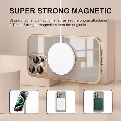 Misea Magnetic for iPhone 15 Pro Max Case [Never Yellowing] [Military Grade Drop Protection] Full Camera Lens Protector Soft Clear Phone Case for Women Girls, Titanium Gold