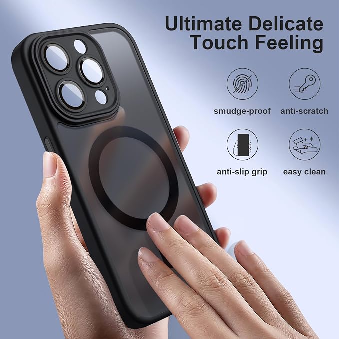 ROYBENS for iPhone 13 Pro-Max Matte Clear Case Compatible with Magsafe, Full Camera Lens Protection, Screen Protector, Wrist Strap, Translucent Magnetic Slim Hard Protective Phone Cover, Black