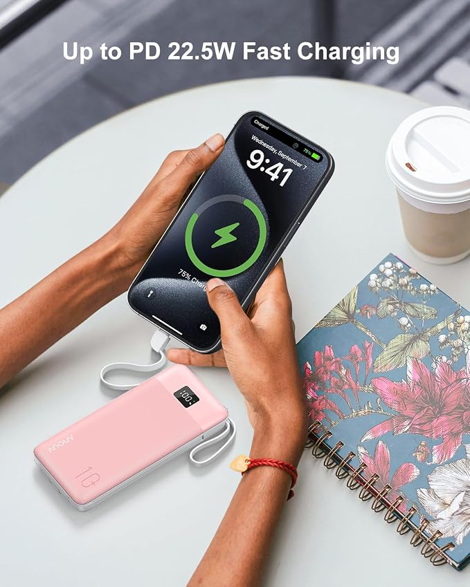 Portable Charger Built-in Cables and AC Wall Plug, 10000mAh 22.5W PD Fast Charging Power Bank, Lightweight Compact Battery Pack Travel Essentials for iPhone 17/16/15/14/13 Series,Samsung,Tablets