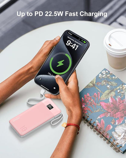Portable Charger Built-in Cables and AC Wall Plug, 10000mAh 22.5W PD Fast Charging Power Bank, Lightweight Compact Battery Pack Travel Essentials for iPhone 17/16/15/14/13 Series,Samsung,Tablets
