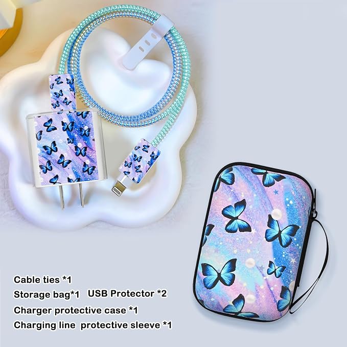 Phone Charger Case Storage Set with Cute Butterfly Cable Protector with Carrying Cable Case Bag,Cord Organizer, USB Earphone Wire Saver Organizer Charger Protector for iPhone (Colourful Butterfly)
