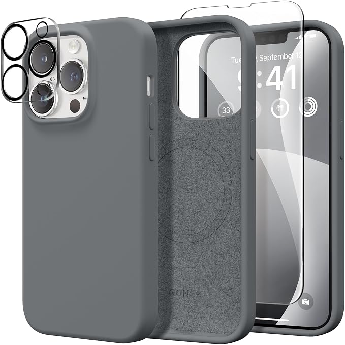 GONEZ Magnetic for iPhone 13 Pro Max Case, Compatible with MagSafe, [Screen Protector + Camera Lens Protector], Silicone Shockproof Anti-Scratch Protective Phone Case 6.7 inch, Dark Grey