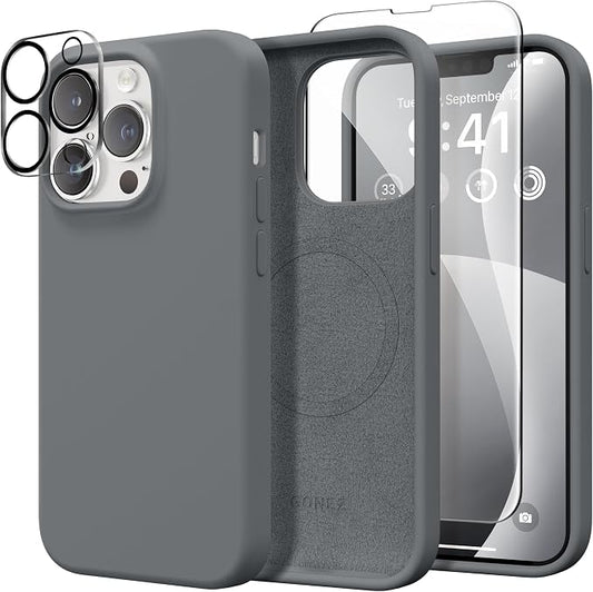 GONEZ Magnetic for iPhone 13 Pro Max Case, Compatible with MagSafe, [Screen Protector + Camera Lens Protector], Silicone Shockproof Anti-Scratch Protective Phone Case 6.7 inch, Dark Grey
