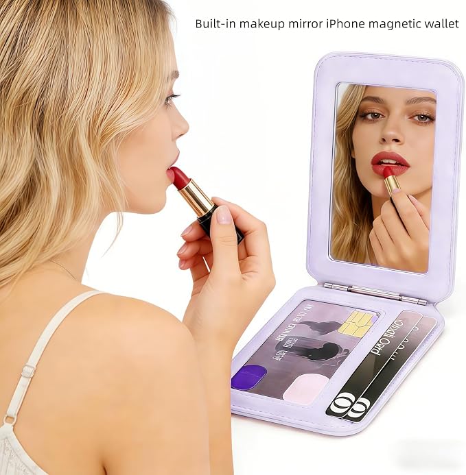 Upgraded for Magsafe Wallet, Strong Magnetic Phone Wallet with Adjustable Stand, Built in Makeup Mirror, 5 Card Holder, Rfid Blocking (Light Purple Fold)