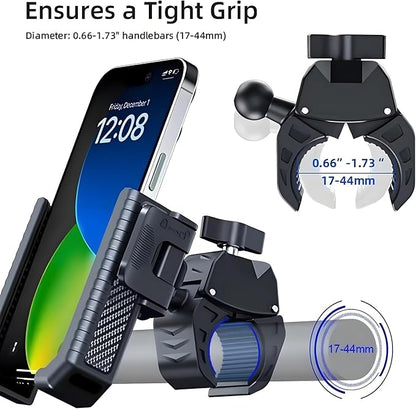Bike Phone Mount Holder, Motorcycle Phone Mount Handlebar Clamp One-Hand Release & Quick Lock - 360 Degree Rotation Compatible with iPhone & Android Smartphones from 4.5"-7",Black 89001A