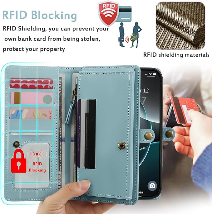 for Wallet Case Compatible with iPhone 16 Pro Max,Multi-Function Detachable 2 in 1 Magnetic iPhone 16 Pro Max Case Wallet,Flip Strap Zipper Card Holder Phone Case with Shoulder Straps (Blue)