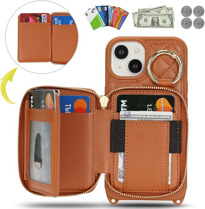 Crossbody Wallet Case for iPhone 14, PU Leather Zipper Handbag Purse Flip Cover, Kickstand Folio Case with Card Slots Holder Wrist Strap Lanyard 5G 6.1 Inch-Brown