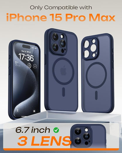TOCOL Magnetic for iPhone 15 Pro Max Case, Upgraded Full Camera Protection, Compatible with Magsafe, Drop Protection, Translucent Matte Back Bumper Phone Cover 6.7-Inch（Dark Blue）