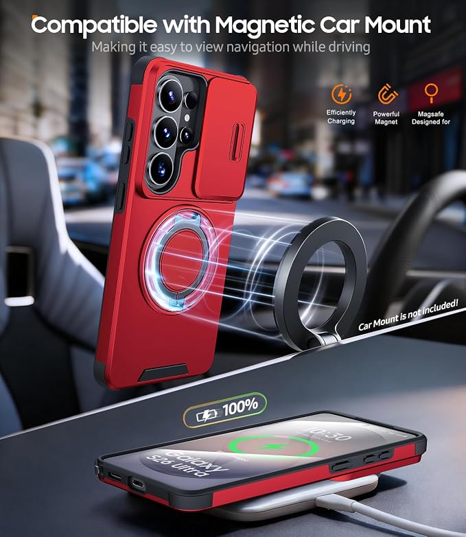 JAME for Samsung Galaxy S26 Ultra Case, Ring Holder Stand Kickstand, Slide Camera Cover with Screen Protector, Dual-Layer Shockproof Protective Magnetic Accessory Friendly S26 Ultra Phone Case, Red