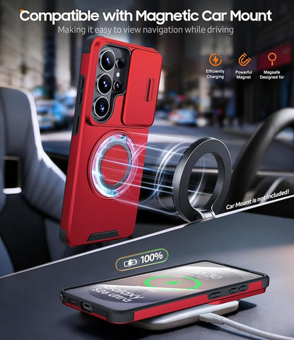 JAME for Samsung Galaxy S26 Ultra Case, Ring Holder Stand Kickstand, Slide Camera Cover with Screen Protector, Dual-Layer Shockproof Protective Magnetic Accessory Friendly S26 Ultra Phone Case, Red