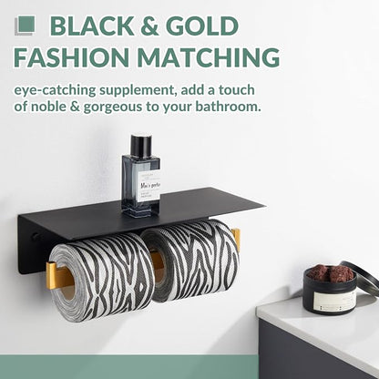 APLusee Double Toilet Paper Holder with Phone Shelf, 304 Stainless Steel Bathroom Tissue Hanger, Wall Mounted Dual Roll Paper Dispenser, Black & Gold