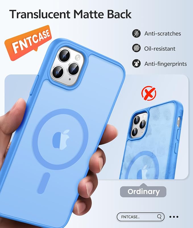 FNTCASE for iPhone 11 Pro Case, Fit for Magsafe, Translucent Matte Back | Magnetic Phone Cases, 14FT Military Grade Drop Protection, Shockproof Bumper, Slim Protective Cover, Ice Blue
