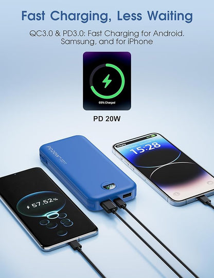 Portable Charger Power Bank, 10000mAh PD20W USB C Fast Charging with Built-in Cables & Wall Plug, 5-in-1 External Battery Pack with LED Display, Perfect Backup for iPhone, iPad, Samsung Navy