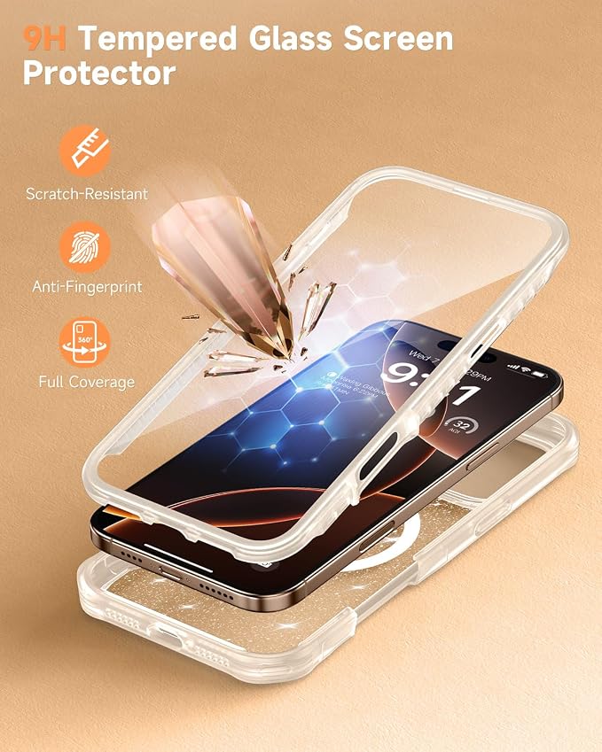 seacosmo Magnetic for iPhone 16 Pro Max Case for Women, Girly, Men, Full Body with Built-in Screen and Camera Lens Protector, Anti-Yellowing, Shockproof Cute Phone Case, 6.9", Clear Glitter