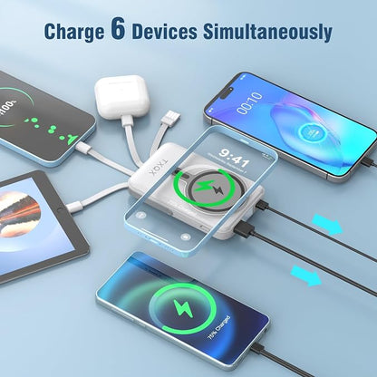 Wireless Portable Charger 10000mAh,Magnetic Power Bank with Built-in Cables LED Display,22.5W PD Fast Charging for Magsafe Battery Pack Compatible with iPhone16/15/14/13/12/Pro/Pro Max (White)