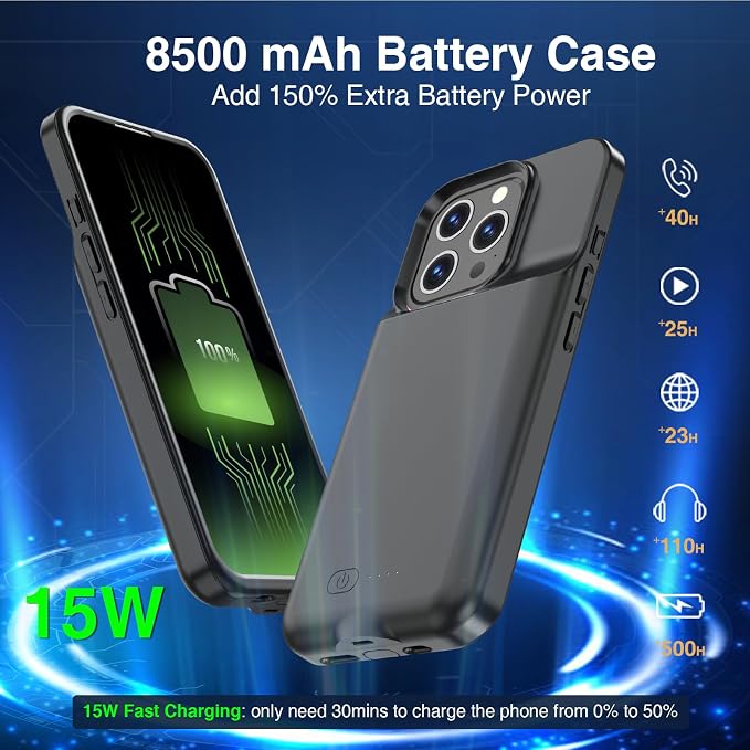 GIN FOXI Battery Case for iPhone 16 Pro Max,Charging Case Charger 8500mAh Rechargeable Case Ultra-Slim Lightweight 15W Fast Battery Pack Anti-Fall TPU Juice Box for 16 Pro Max (6.9 inch) Black