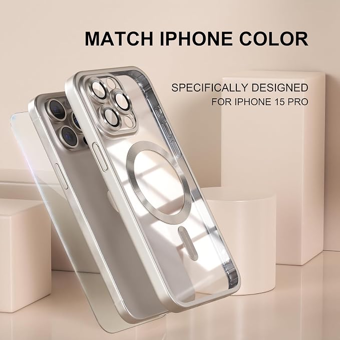 Misea Magnetic for iPhone 15 Pro Case [Never Yellowing] [Military Grade Drop Protection] Full Camera Lens Protector Soft Clear Phone Case for Women Girls, Titanium Natural