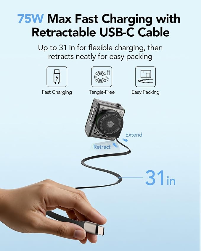 MFish 75W Universal Travel Adapter, 5-Port International Power Adapter with Retractable USB-C Cable, 3 USB-C & 1 USB-A + AC Outlet, Worldwide Wall Charger for MacBook, iPhone, iPad, EU/UK/US/AUS, Grey