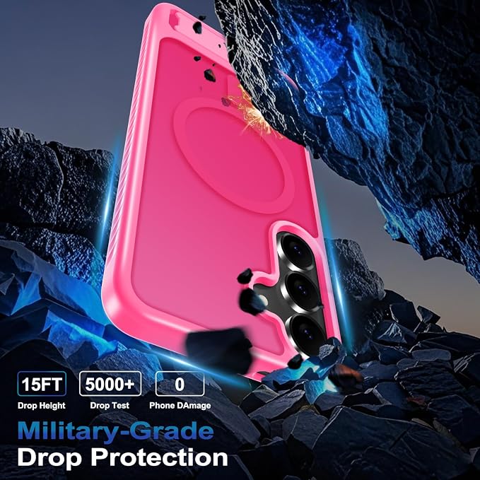 for Samsung Galaxy S25 FE Case with Screen Protector+Lanyard Wrist Strap,Magnetic Translucent Matte Rugged Slim Phone Cover Built in Invisible Kickstand [Fit for MagSafe],2025 Hot Pink