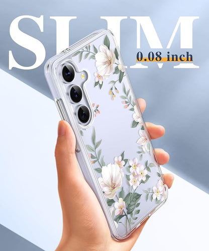 GVIEWIN for Samsung Galaxy S25 Plus Case, Clear Floral Slim Shockproof Protective Women Phone Case, Non-Yellowing, with Screen Protector & Camera Lens Protector for S25 Plus 6.7", Magnolia/White