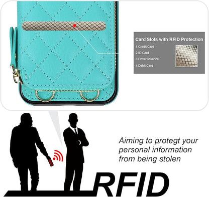 Bocasal Crossbody Wallet Case for iPhone SE 2022/SE 2020/8/7, RFID Blocking PU Leather Zipper Handbag Purse Flip Cover, Kickstand Folio Case Card Slots Holder Wrist Strap Lanyard 4.7 Inch (Mint Green)