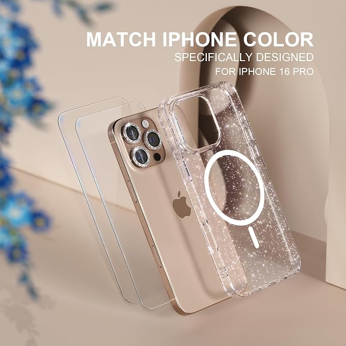 Choiche for iPhone 16 Pro Case Magnetic, Women Clear Glitter Bling Sparkly Case, [3xDiamond Camera Lens Protectors] [2xTempered Glass Screen Protectors] [Compatible MagSafe] 6.3" (Glitter Clear)
