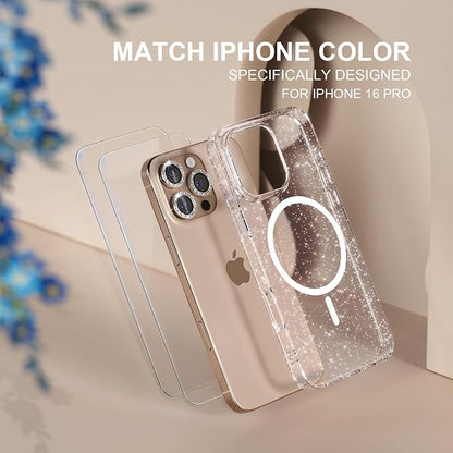 Choiche for iPhone 16 Pro Case Magnetic, Women Clear Glitter Bling Sparkly Case, [3xDiamond Camera Lens Protectors] [2xTempered Glass Screen Protectors] [Compatible MagSafe] 6.3" (Glitter Clear)