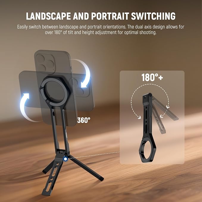 NEEWER Magnetic Phone Tripod Stand, Metal Lightweight Portable Cell Phone Holder Desk Mount Selfie Stick Grip Carabiner Style Quick Release, Compatible with MagSafe iPhone for Video Recording, DS027