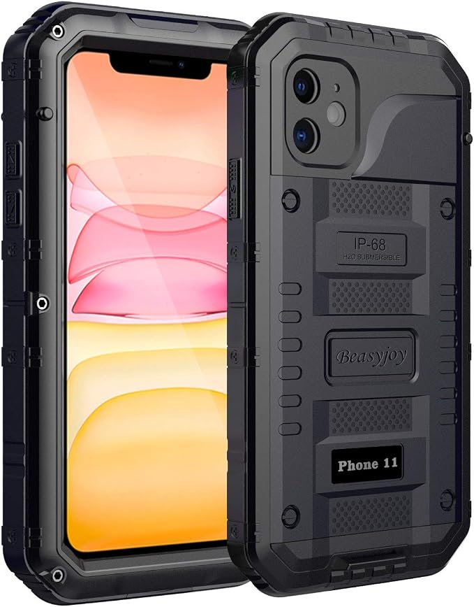 Beasyjoy for iPhone 11 Metal Waterproof Case - Heavy Duty, Shockproof, Dustproof, Rugged Defender, Built-in Screen, Outdoor Protection (Black)