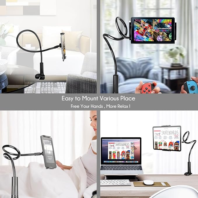 Gooseneck Tablet Holder Stand, Kindle Holder for Bed 33in Flexible Long Arm Clamp Clip Mount for iPad, iPhone, Switch, Galaxy Tabs, Kindle Fire, Phone 4.7''-11'' Tablet Devices