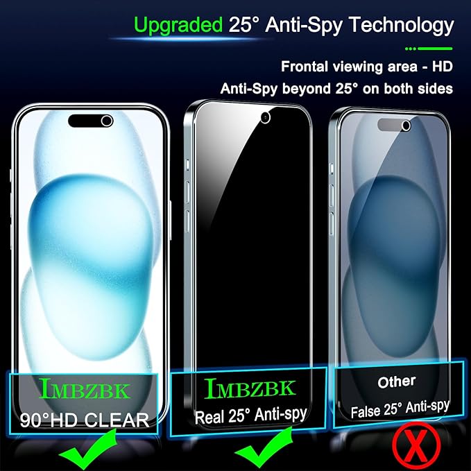 IMBZBK 3 Pack Privacy Screen Protector for iPhone 15 Tempered Glass with 3 Camera Lens Protector, Accessories 9H Anti Spy, 2.5D Curved, Case Friendly, Transparent