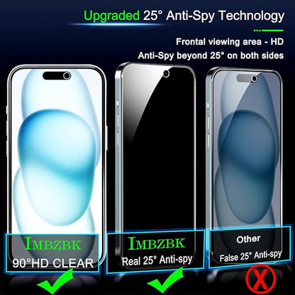 IMBZBK 3 Pack Privacy Screen Protector for iPhone 15 Tempered Glass with 3 Camera Lens Protector, Accessories 9H Anti Spy, 2.5D Curved, Case Friendly, Transparent