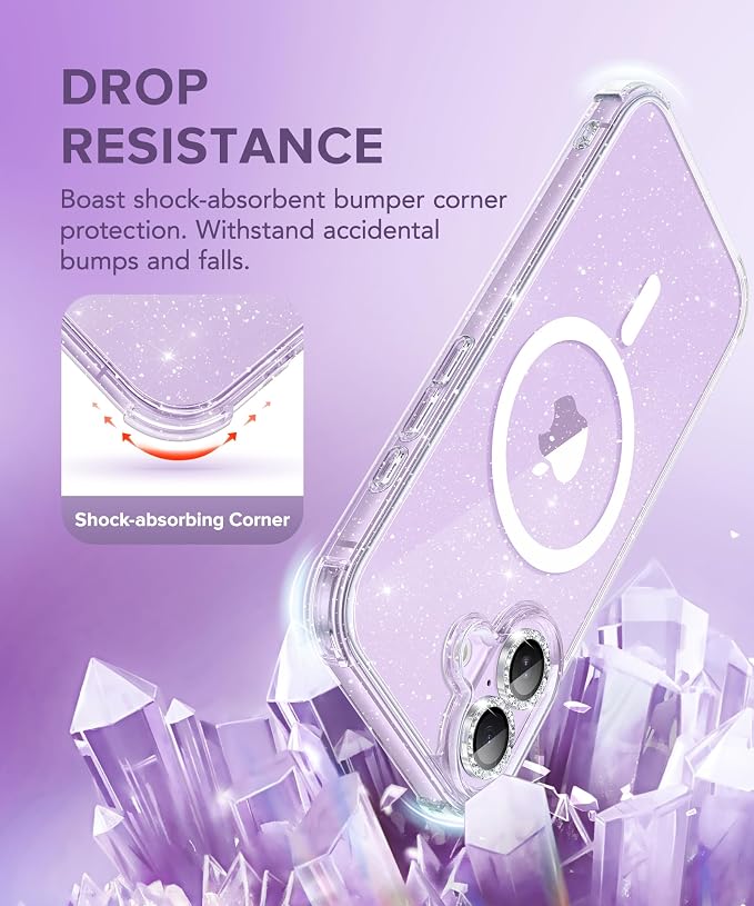 BERFY for iPhone 17 Case for Women, Clear Glitter Shockproof Protective Case, Anti-Yellowing, with Screen Protector & Camera Lens Protector 6.3", Magnetic Diamond Sparkle