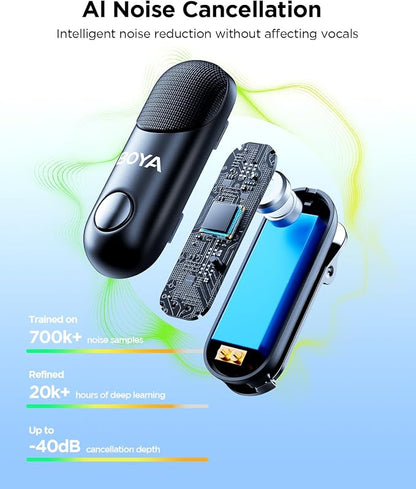 BOYA Magic-02 Wireless Lavalier Microphone, 30Hrs Battery,328FT Los Range,Safety Track&Limiter,4-in1 Mini Lapel Wireless Mic for Android iPhone Camera Laptop PC, Ai Noise Reduction for TikTok YouTube