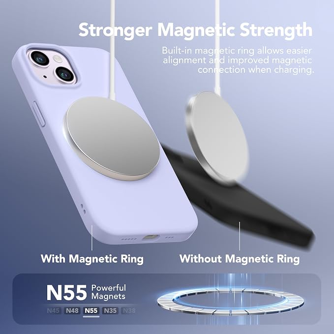 GONEZ Magnetic for iPhone 14 Case, Compatible with Magsafe, with Screen Protector + Camera Protector, Anti-Scratch Microfiber Lining, Liquid Silicone Shockproof Protective Phone Case, Lilac